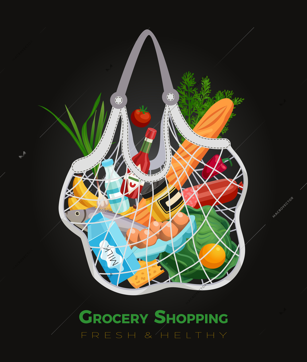 Shopping bag basket composition with editable text and grocery goods inside string bag with flexible net vector illustration