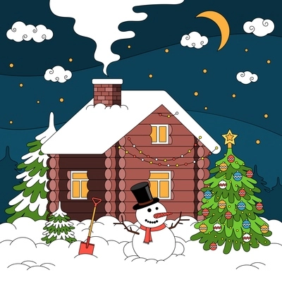 Christmas coloring square composition with winter night landscape and wooden house with chimney and holiday trees vector illustration