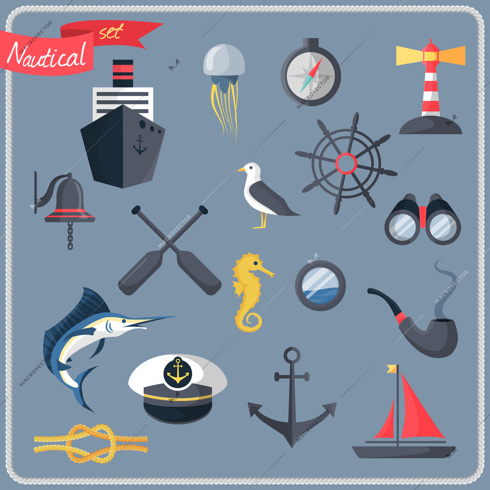 Nautical sea travel decorative icons set with compass steering wheel lighthouse vector illustration