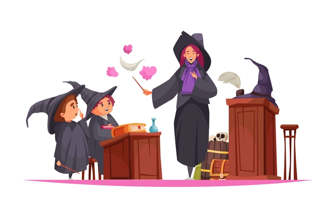 Magic school composition with view of class with pupils in hats and teacher holding spell wand vector illustration