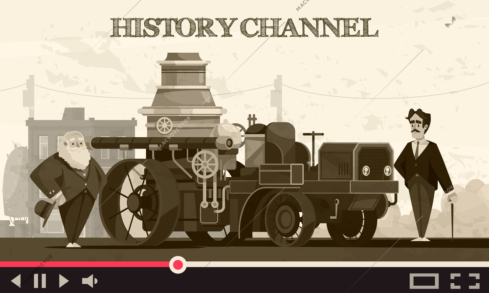 History transport composition with online video stream text and vintage cityscape with historical cars and people vector illustration