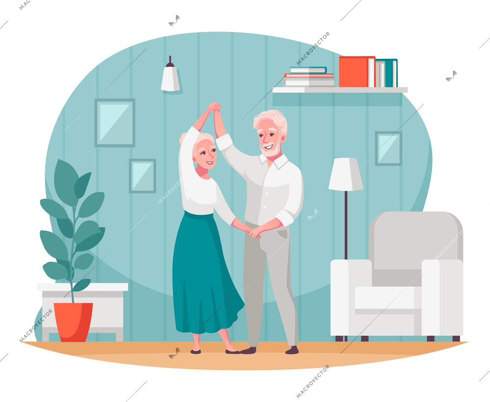 Elderly people having healthy active social life flat cartoon composition with dancing senior couple vector illustration