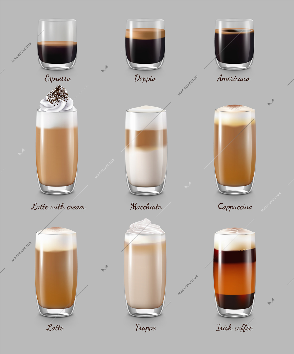 Coffee drinks realistic set with latte and cappuccino isolated vector illustration