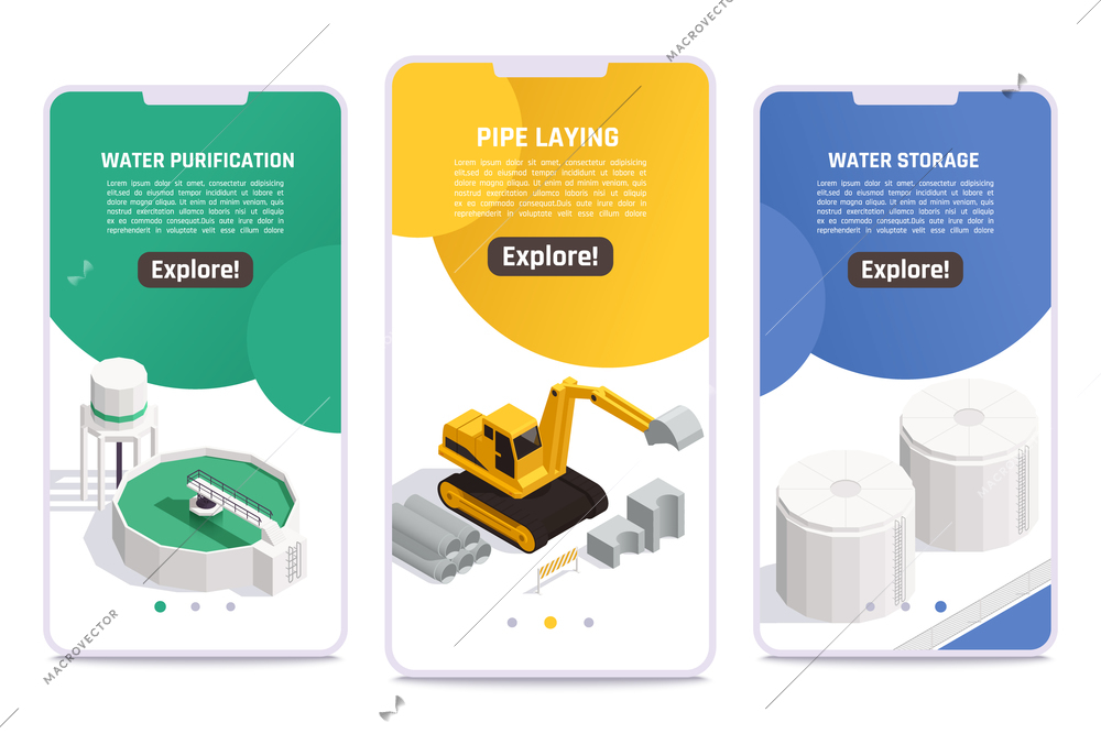 Water supply concept 3 isometric mobile screens banners with purification storage facilities laying pipes excavator vector illustration