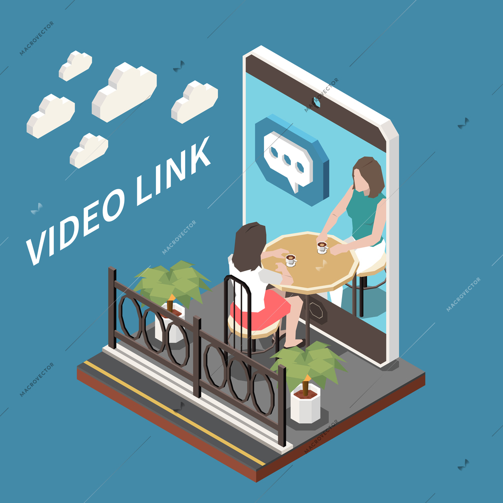 Video link isometric composition with two girls drinking coffee and communicating on smartphone in online mode vector illustration