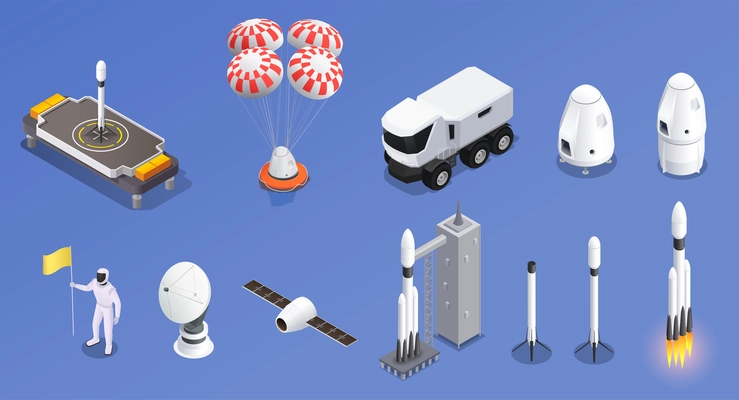 Modern space program set of isometric icons and isolated rocket images with landing modules and satellites vector illustration