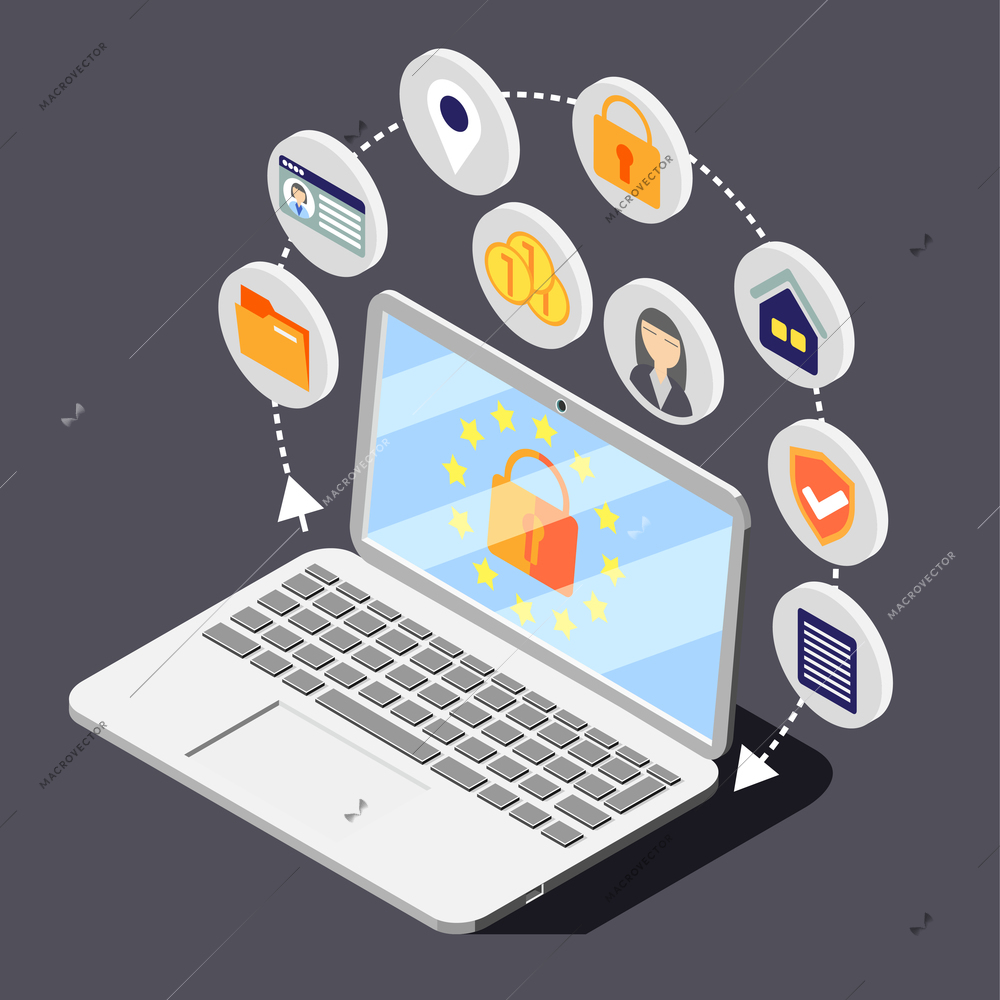 Personal data protection gdpr isometric background composition with image of laptop surrounded by circle pictogram icons vector illustration