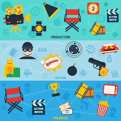 Action movie cinema production premiere flat compositions isolated vector illustration