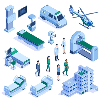 Hospital building medical personnel equipment transportation isometric set with helicopter mri scanner operation table patients vector illustration