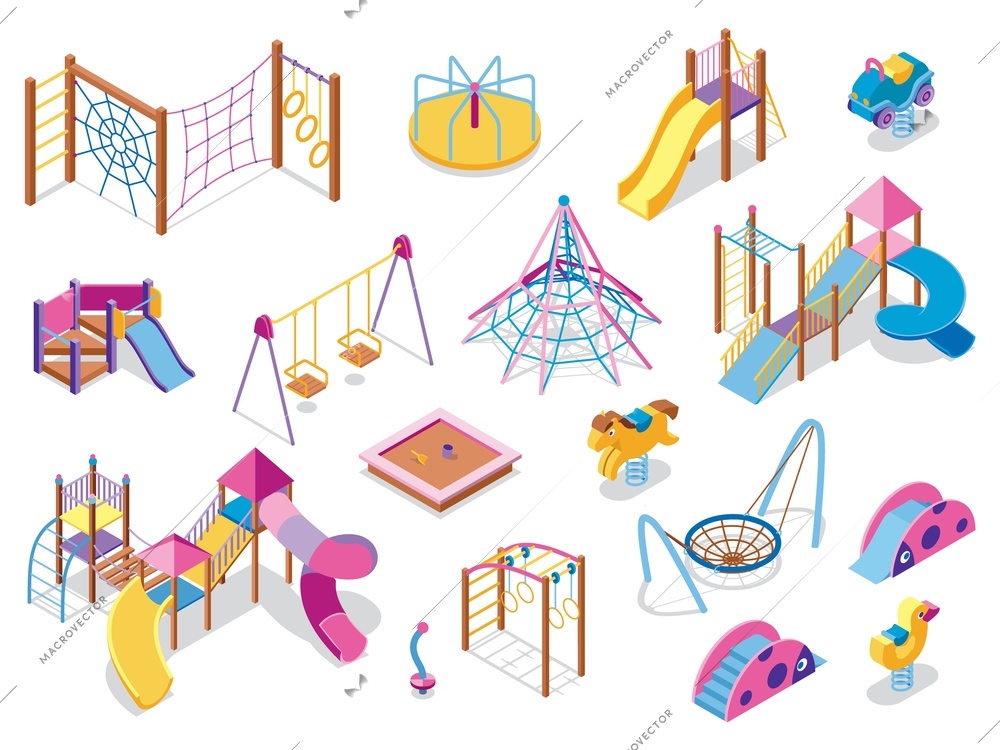 Set of isometric playground icons with images of colourful play equipment with shadows on blank background vector illustration