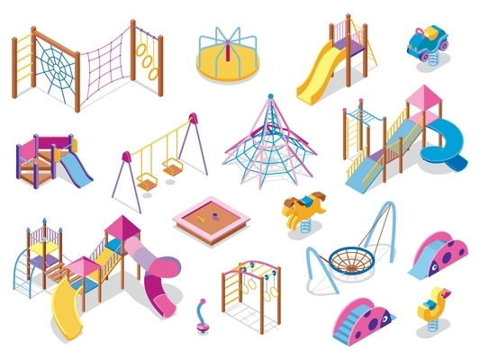 Set of isometric playground icons with images of colourful play equipment with shadows on blank background vector illustration