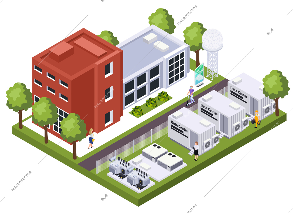 Modern data center building complex computer storage systems housing telecommunications components isometric exterior view vector illustration