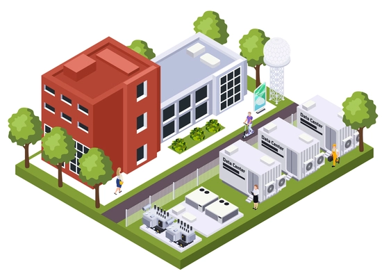 Modern data center building complex computer storage systems housing telecommunications components isometric exterior view vector illustration