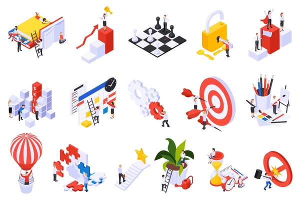 Personal growth symbols isometric set with puzzle chess pieces task planner padlock key target podium vector illustration