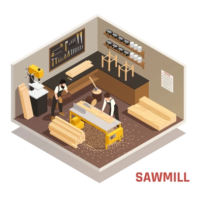 Isometric composition with two carpenters sawing wood at sawmill 3d vector illustration