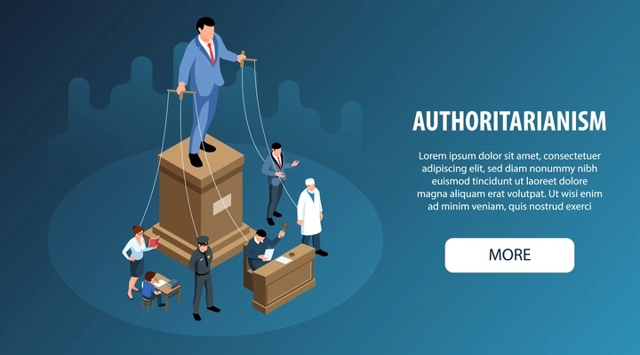 Isometric political systems horizontal banner with button editable text and marionette people representing branches of power vector illustration