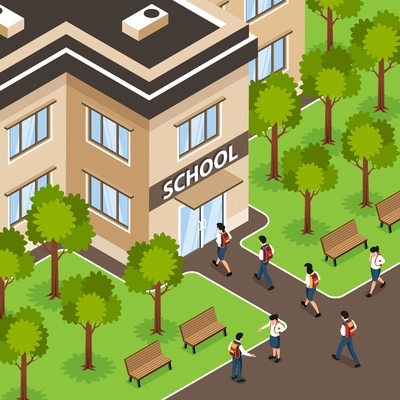 Isometric school composition with outdoor scenery and building facade with entrance and walking pupils with backpacks vector illustration