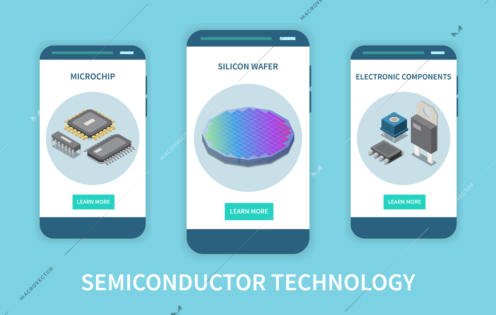 Semiconductor chip production vertical set of isometric banners with circuits silicon wafer and electronic components icons vector illustration