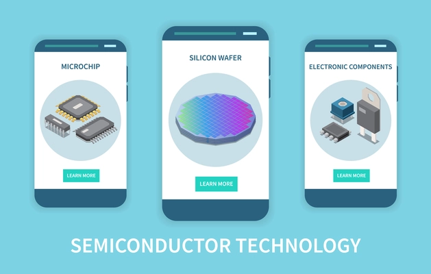 Semiconductor chip production vertical set of isometric banners with circuits silicon wafer and electronic components icons vector illustration