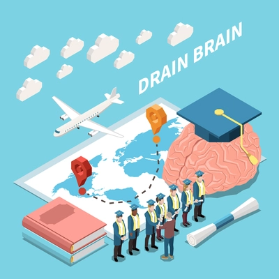 Population mobility migration displacement isometric composition with row of graduated students with world map and airplane vector illustration