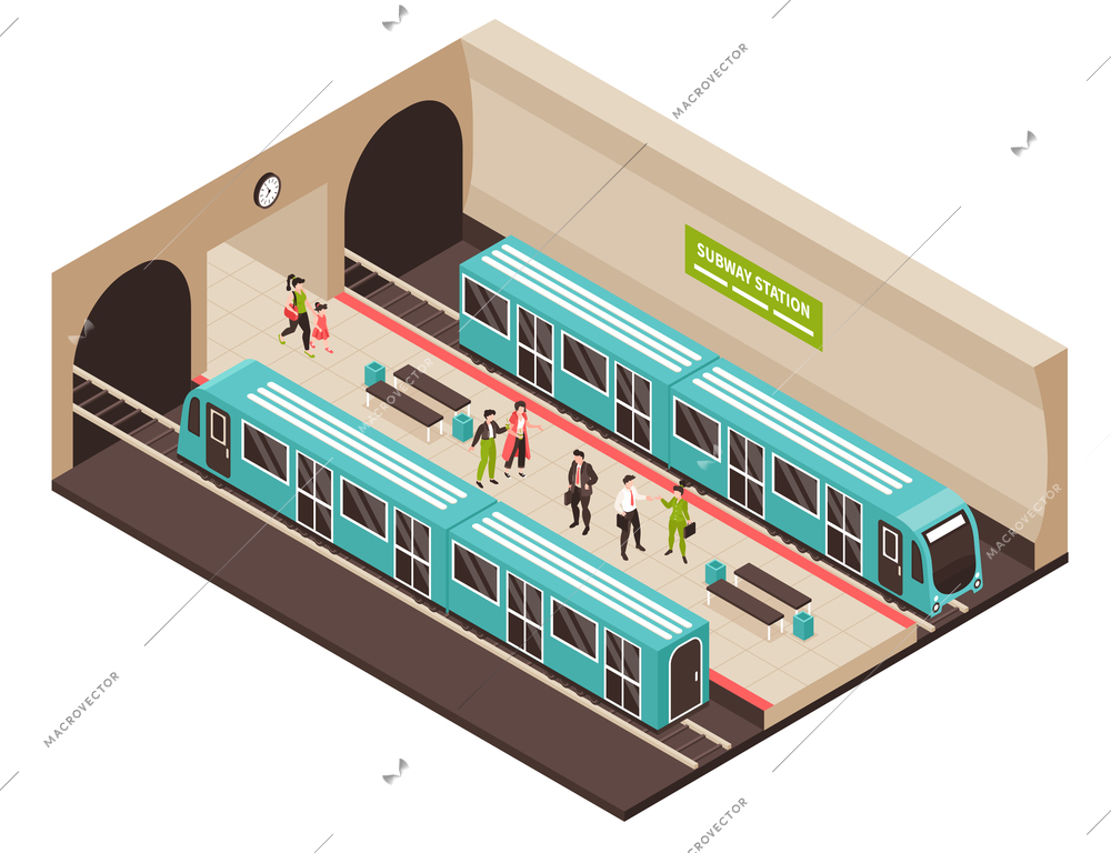 Isometric metro subway composition with view of underground station with tunnels platform trains and passenger characters vector illustration