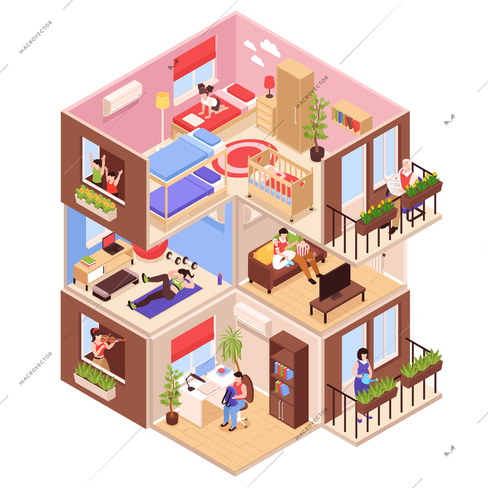 Isometric neighbors composition with profile view of high rise block with upstairs and downstairs neighbour apartments vector illustration