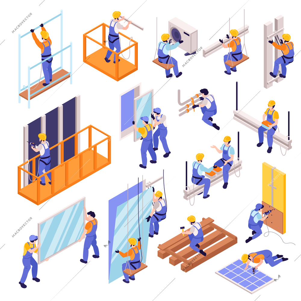 Structural ironworker icons set with work and equipment symbols isometric isolated vector illustration