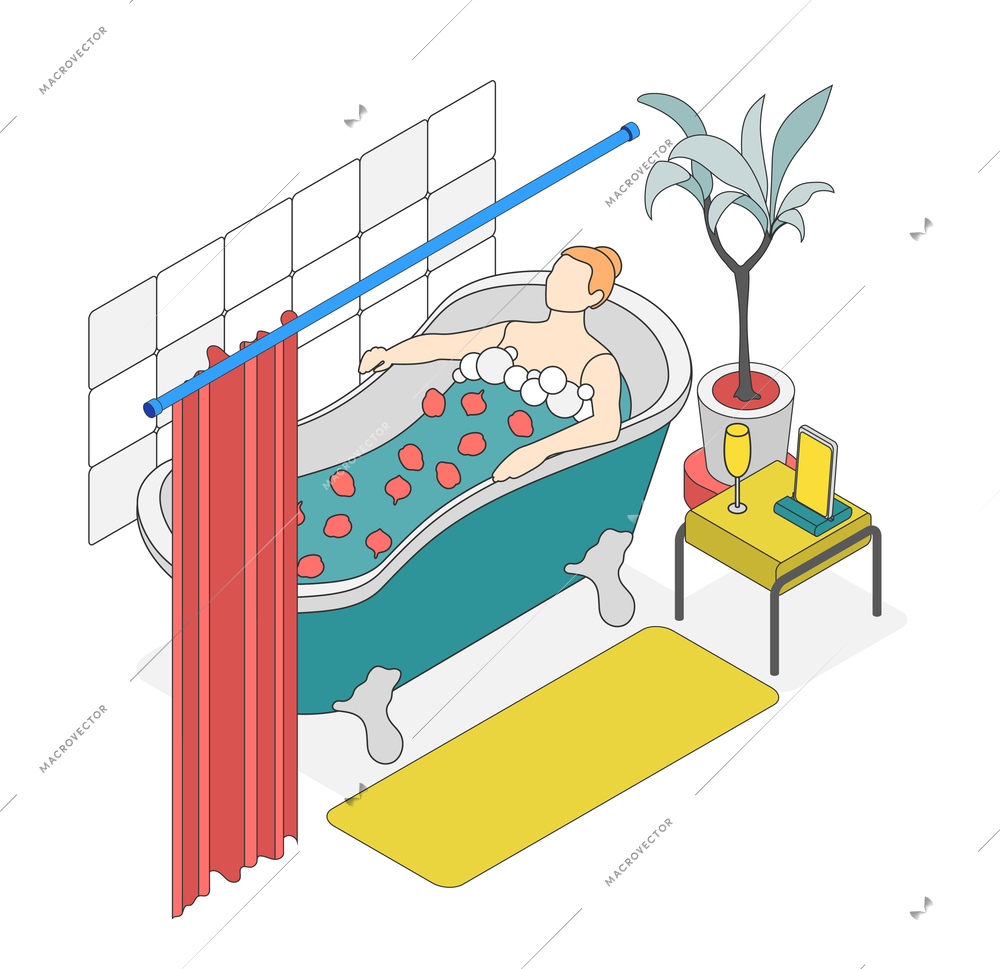 Self care concept isometric colored background woman rest and taking a bath vector illustration