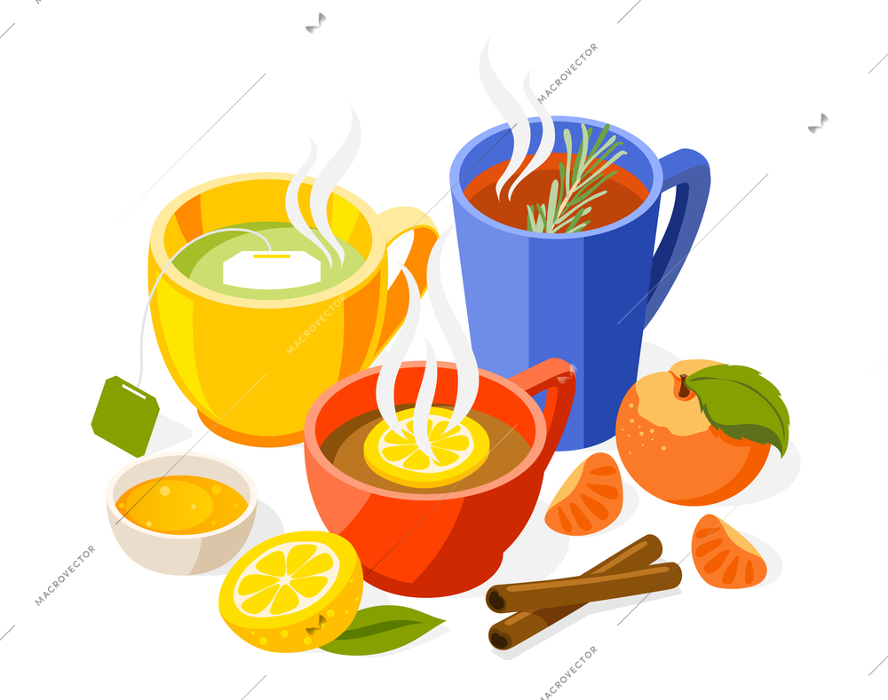 Strengthening immunity isometric composition tea with spices citruses and green tea vector illustration