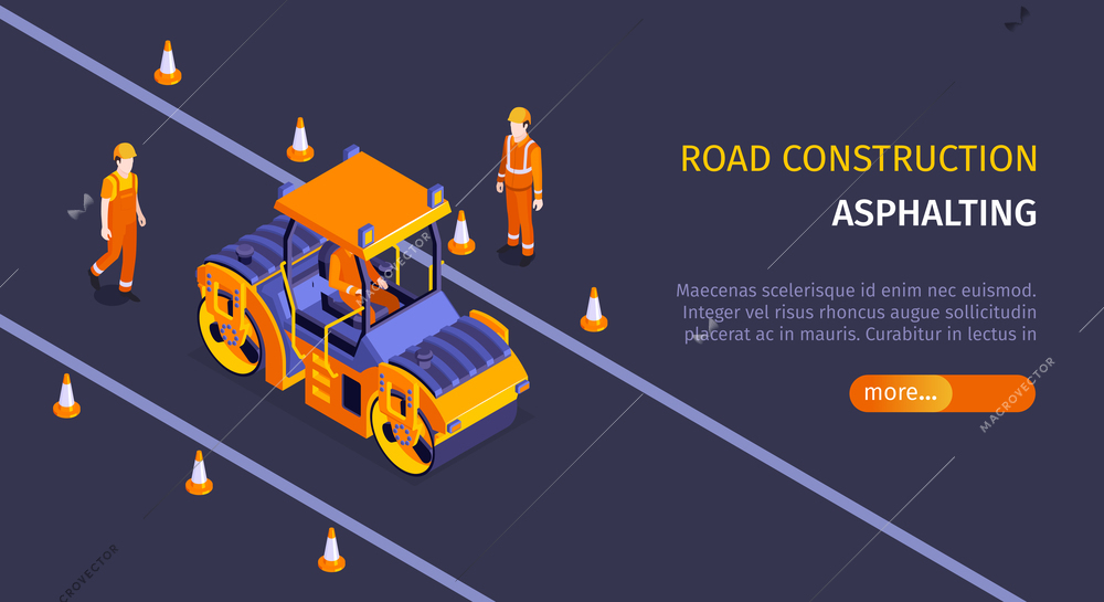 Isometric road construction horizontal banner with editable text slider more button and roller vehicle with workers vector illustration