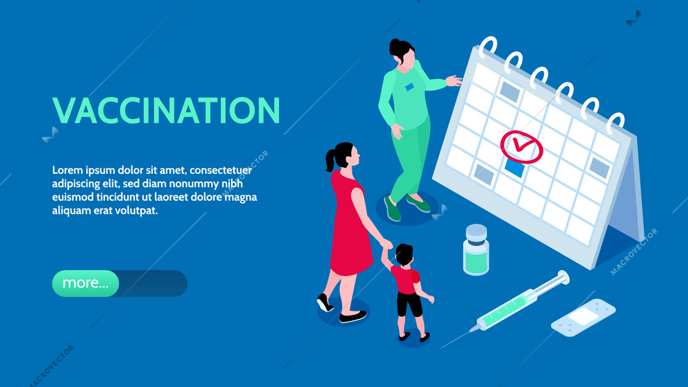 Vaccination horizontal banner with little characters studying immunization schedule on big notepad isometric vector illustration