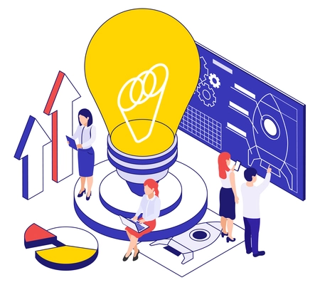 Business startup idea isometric conceptual vector illustration with light bulb big image and group of creative people  participating in creation of new project