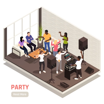Corporate dj entertaining team building party isometric interior composition with music equipment talking dancing people vector illustration