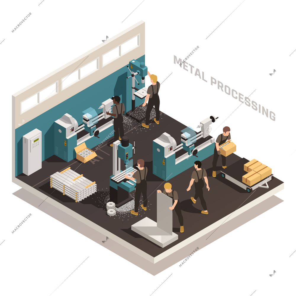 Metalworking facility isometric composition with people working on metal processing lathes turning laser cutting machines vector illustration