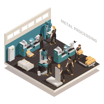 Metalworking facility isometric composition with people working on metal processing lathes turning laser cutting machines vector illustration