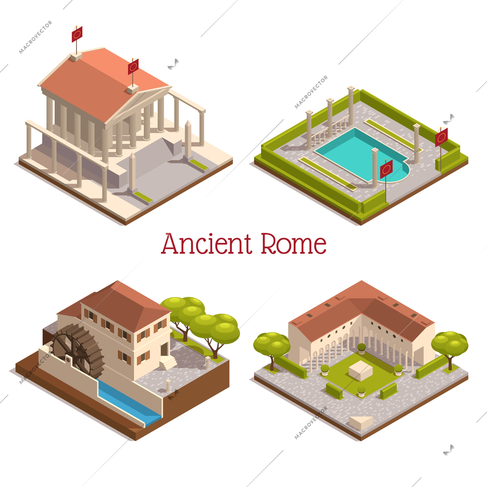 Ancient rome tourists attractions landmarks 4 isometric compositions with wooden watermill pantheon pillars columns ruins vector illustration