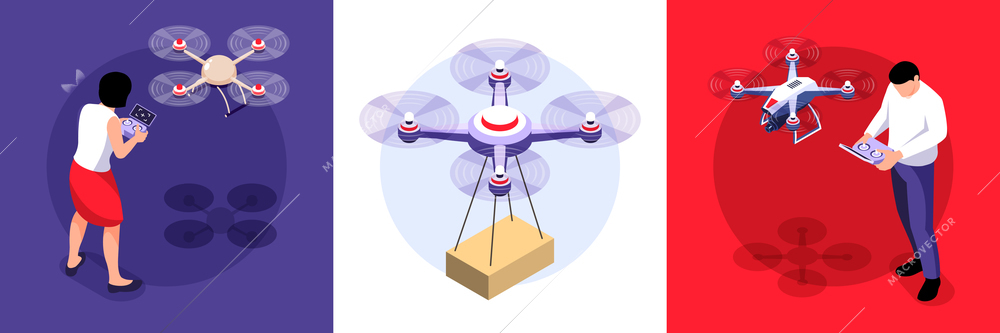 Isometric drone design concept with set of square compositions with remote quadcopters remotely controlled by people vector illustration