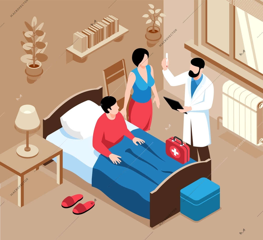 Isometric family doctor composition with indoor scenery of home bedroom with medical specialist and medicine box vector illustration