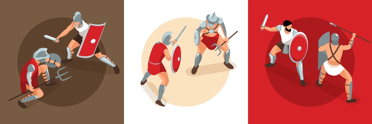 Isometric ancient rome gladiators design concept with square compositions of duel battles with fighting warrior characters vector illustration