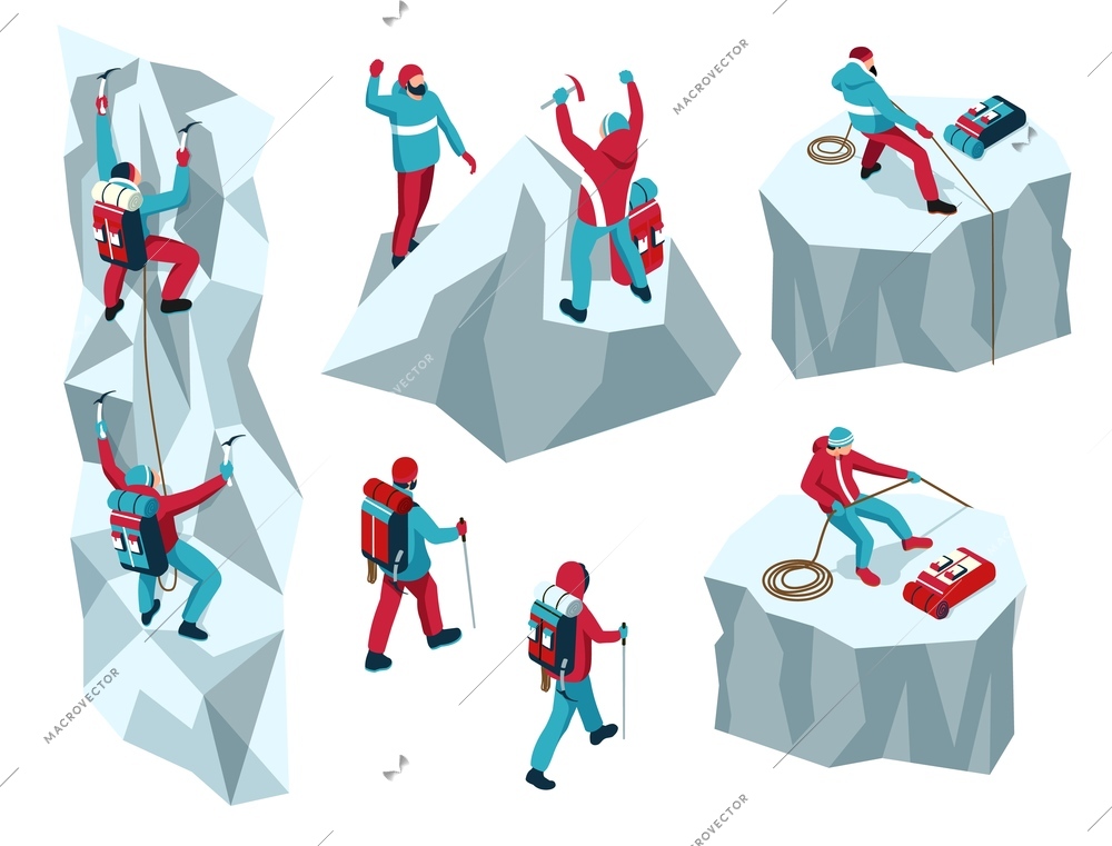 Isometric mountaineering set of isolated icons and characters of climbers on ice cliffs mountains with tools vector illustation