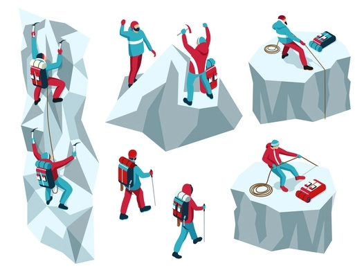 Isometric mountaineering set of isolated icons and characters of climbers on ice cliffs mountains with tools vector illustation