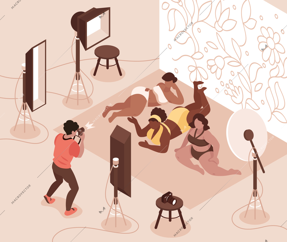 Photographer taking photos of plump body positive models in swimsuits 3d isometric vector illustration