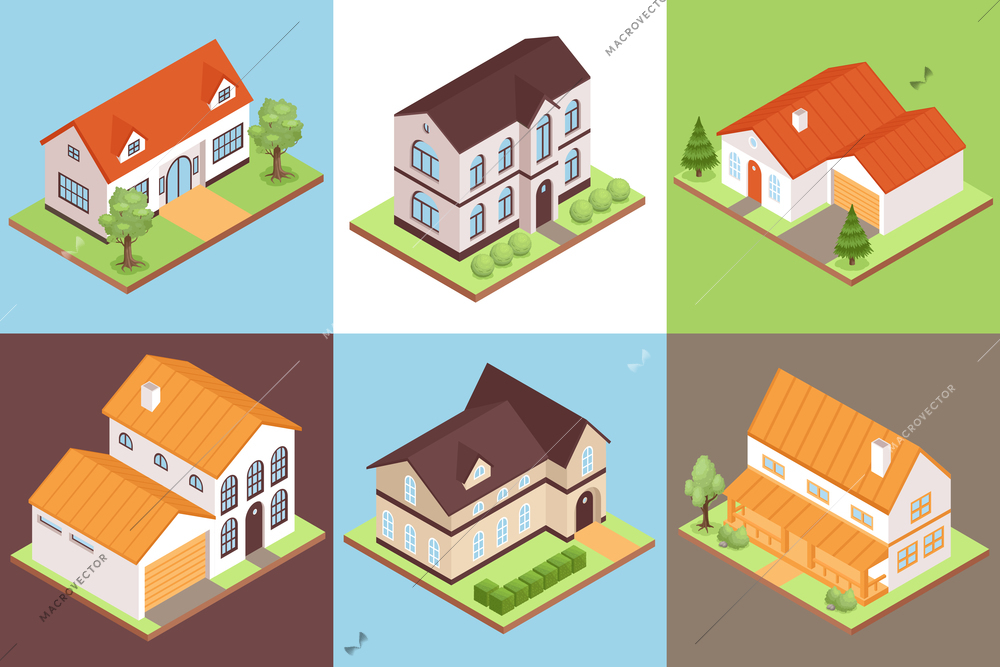 Isometric private house design concept set with different size price and style buildings vector illustration