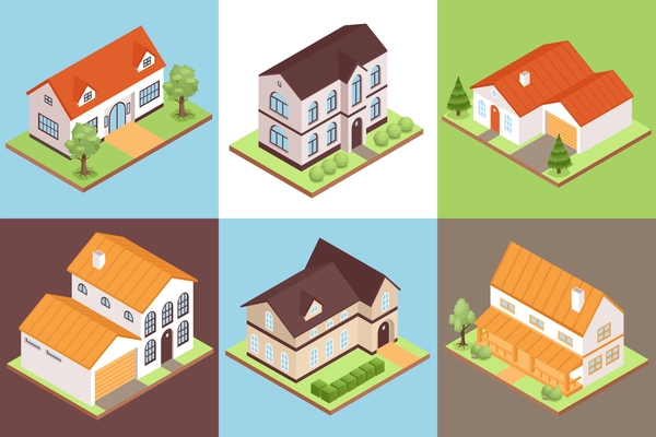 Isometric private house design concept set with different size price and style buildings vector illustration