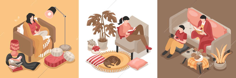 Isometric design concept with people and pets resting in cozy interior rooms 3d isolated vector illustration