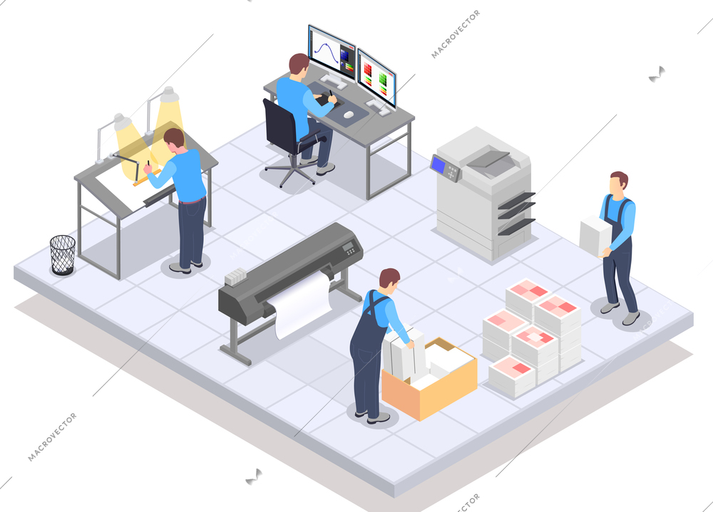 Printing house isometric composition with human characters of workers at computers drawing easels paper and printers vector illustration