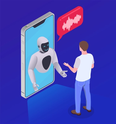 Artificial intelligence isometric composition with human character and smartphone with robot personal assistant and thought bubble vector illustration