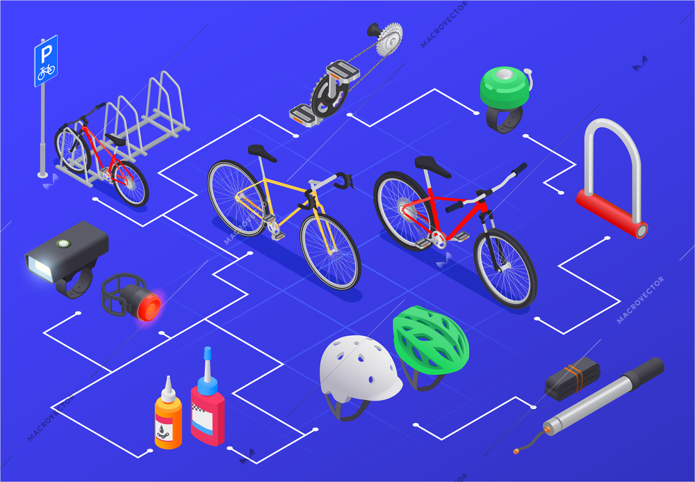 Bicycle isometric composition with isolated icons of bikes spare parts and parking rack combined in flowchart vector illustration