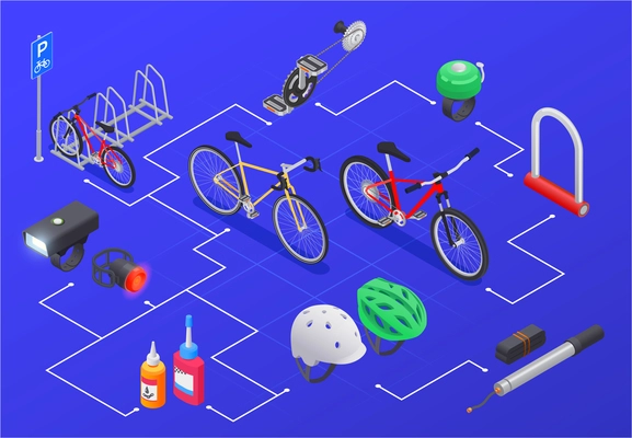 Bicycle isometric composition with isolated icons of bikes spare parts and parking rack combined in flowchart vector illustration