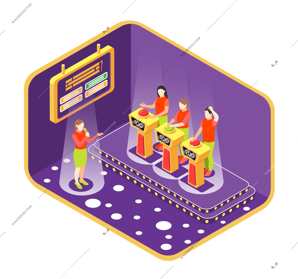 Quiz TV show concept with competition symbols isometric  vector illustration